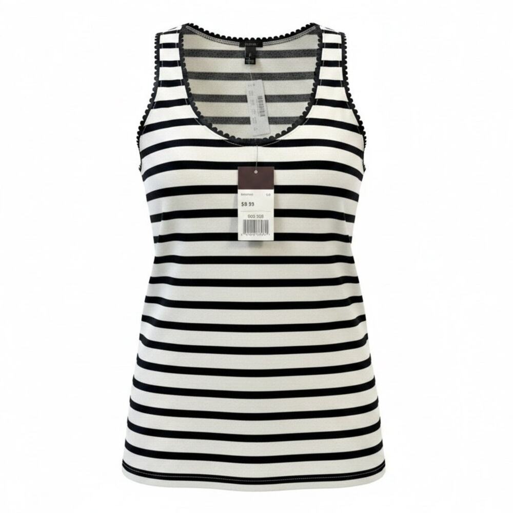 J.Crew Striped Tank Top Small NWT Faux Leather Scallop Trim Navy Cream